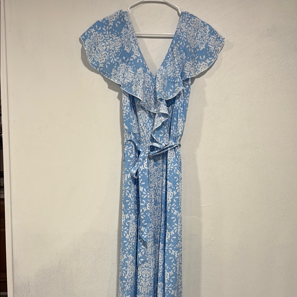 Blue and White Ruffled Wrap Maxi Pants